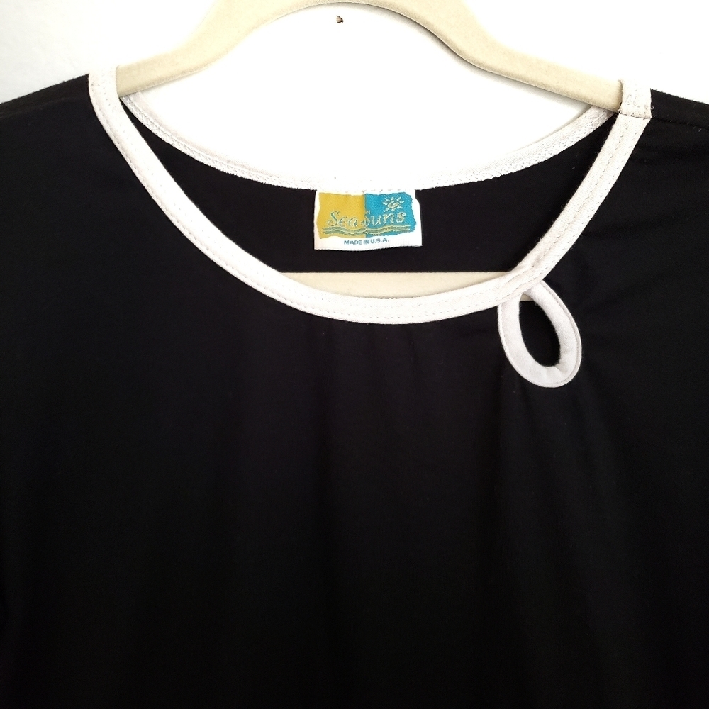 Vintage Sea Suns Top Womens L Large Black Flower - Picture 2 of 5